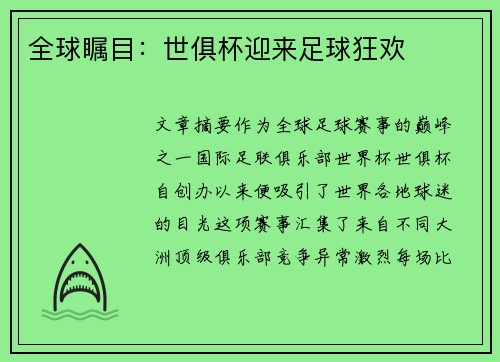 全球瞩目：世俱杯迎来足球狂欢