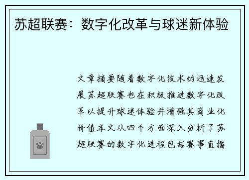 苏超联赛：数字化改革与球迷新体验